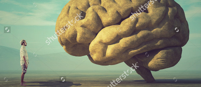 Un homme se tient face à un cerveau géant